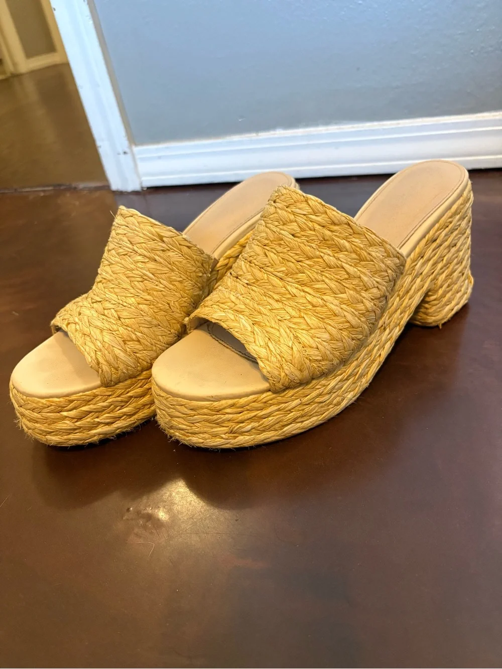 Woven Platform Slide Heels - Yellow